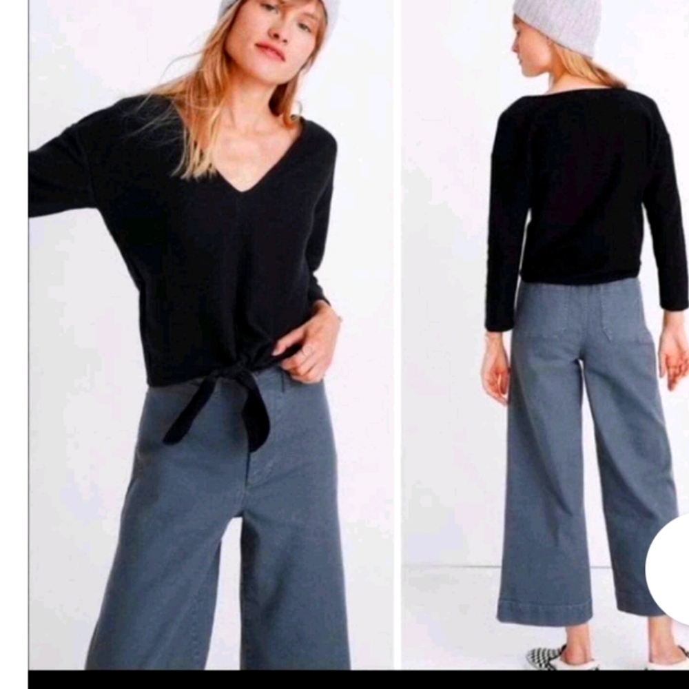 Madewell Cropped Textured Black 3/4 Sleeve Tie Front Top Size Small